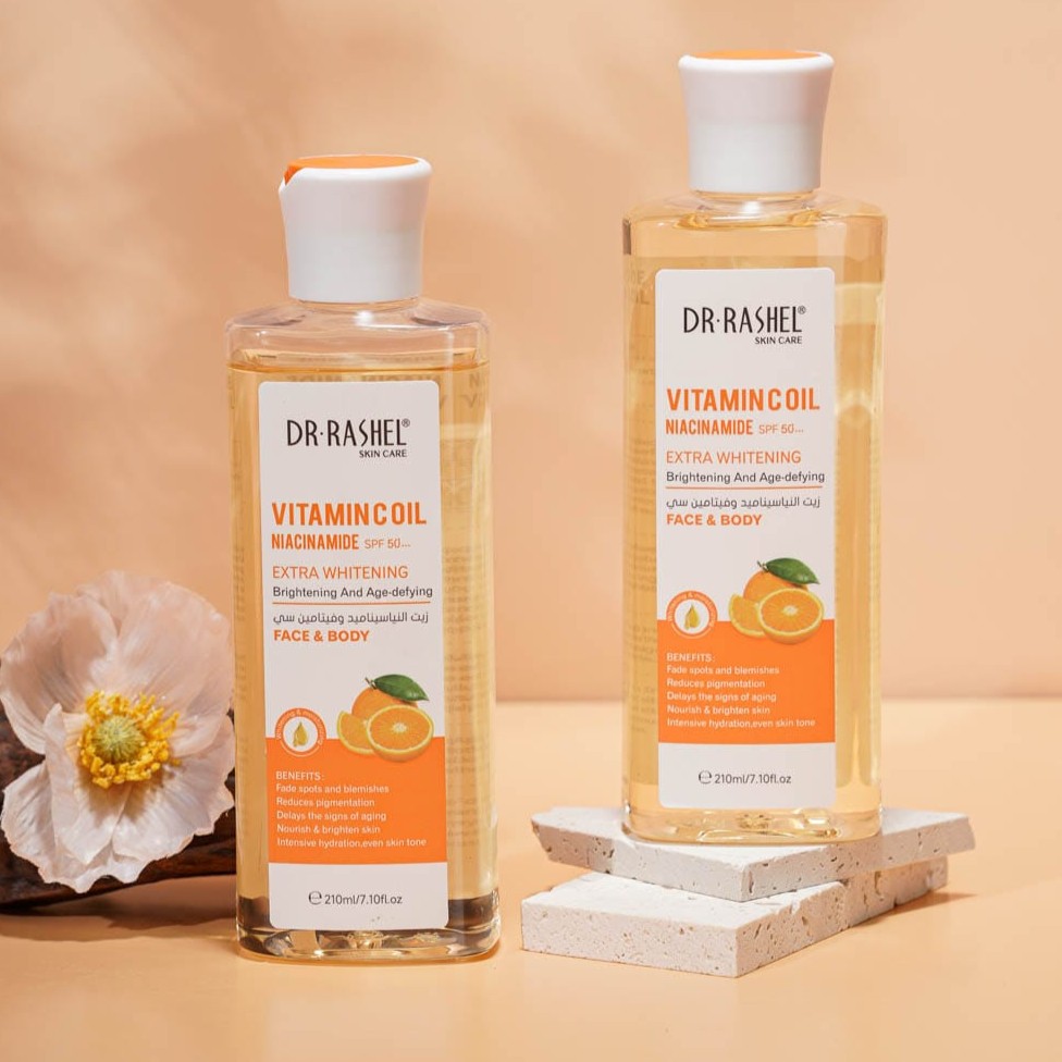 زيت د. راشيل للوجه والجسم بفيتامين C والنياسيناميد SPF 50+ للتفتيح الإضافي والتوهج ومكافحة الشيخوخة